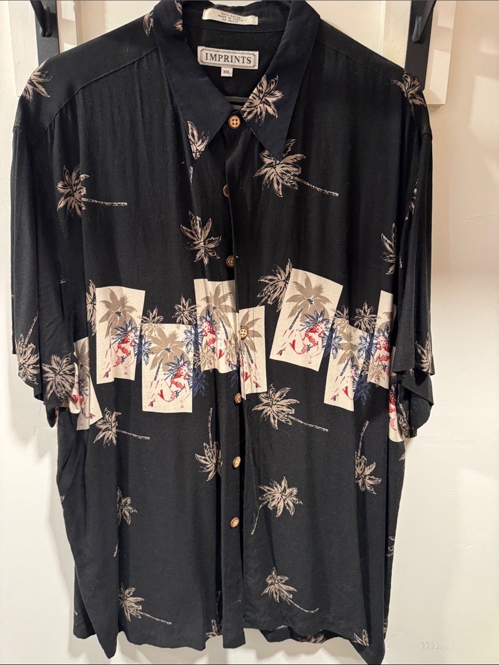 Black Palm-Print Short Sleeve Button Shirt